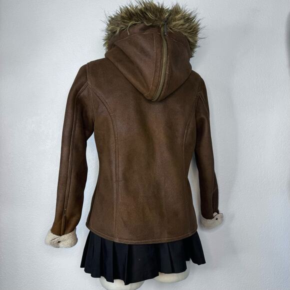Y2K Faux Fur Trim Jacket Coat Brown Faux Suede 00s - Picture 3 of 8